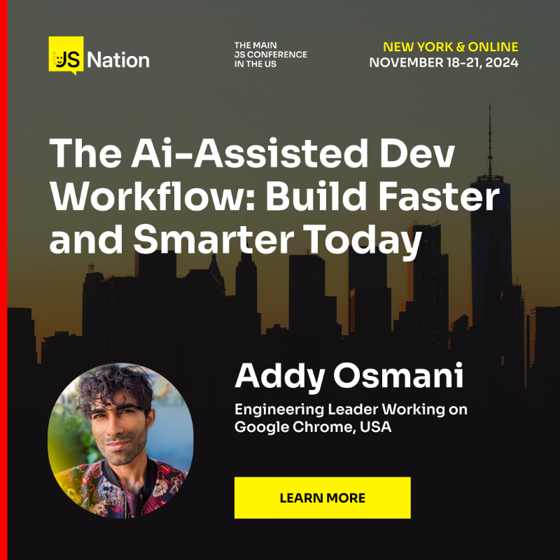 thejsnation's tweet photo. 🚀 Join @addyosmani, an engineering leader working on Google Chrome, to dive into how AI-powered tools are transforming the way we build software. 

Discover techniques✨for rapid iteration, intelligent debugging, and creating exceptional user experiences.