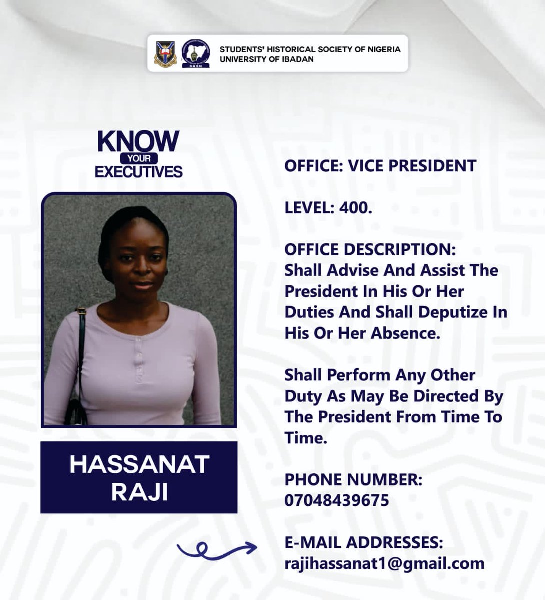 shsn_unibadan's tweet photo. π Know Your Executives!
Who's the support system of the President?
Definitely the Vice President.
In his absence, she takes over. π
#KnowYourExcos
#TeamSimplicitySHSN'UI https://t.co/RGGqtWCO2i