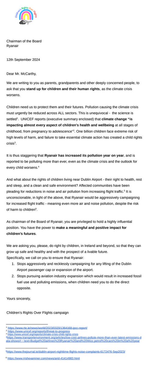 RightOverFlight's tweet image. At Ryanair AGM today - @Ryanair  is ignoring and denying the climate crisis and the effects of ever growing flights on our children's future.  Our letter to Ryanair: bit.ly/ryanairagm