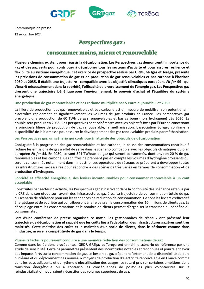 #CP #Presse 🗞️ I #PerpectivesGaz : Consommer moins, mieux et renouvelable. <a href="/GRDF/">GRDF</a> @GRTgaz et @teregacontact présentent les prévisions de consommation de #gaz et de production de #GazRenouvelables et bas carbone à l’horizon 2030 et 2035.#Décarbonation➡️cutt.ly/jeRmy22g