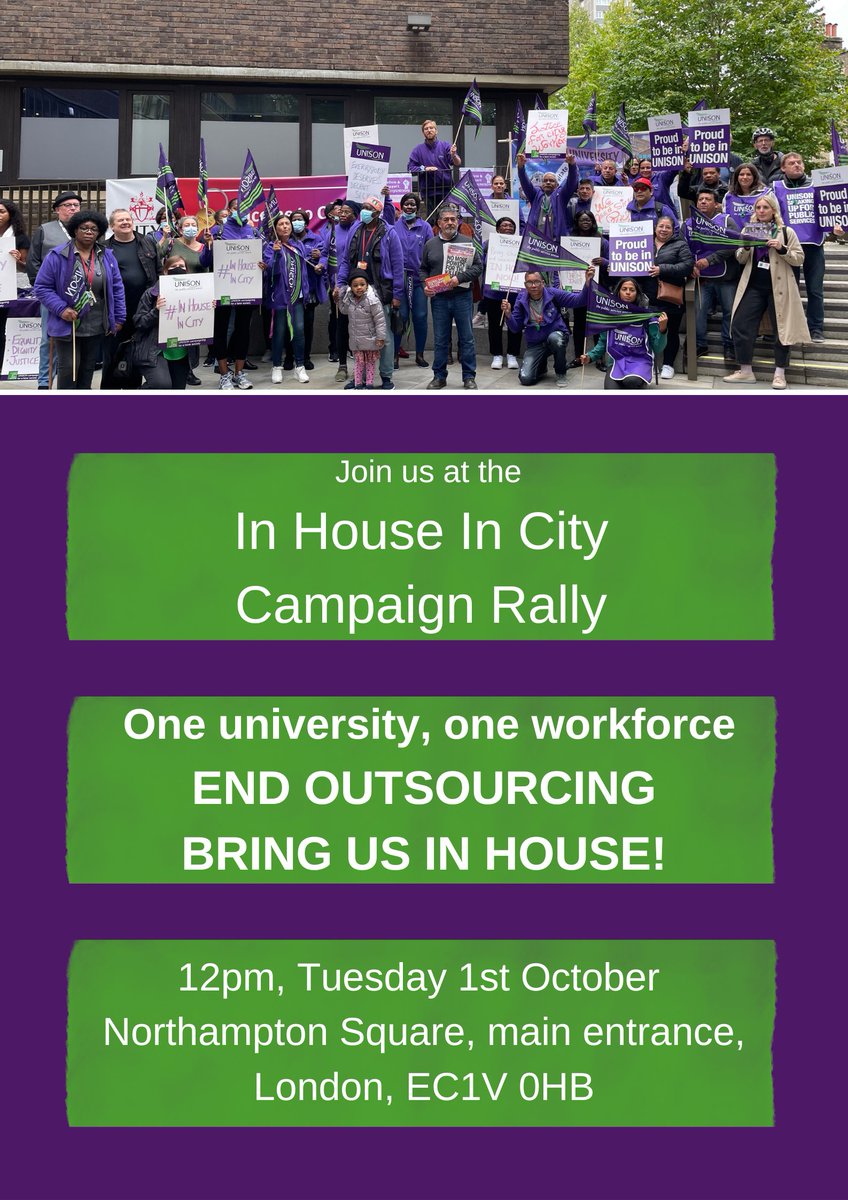 📢We need your support! 📢

Join us to demand an end to outsourcing at @CityUniversity and for cleaning staff to be brought in house!

End the injustice of a two-tier workforce. One university, one workforce! ✊🏿✊🏼✊🏻

#MyCityUni #InHouseInCity