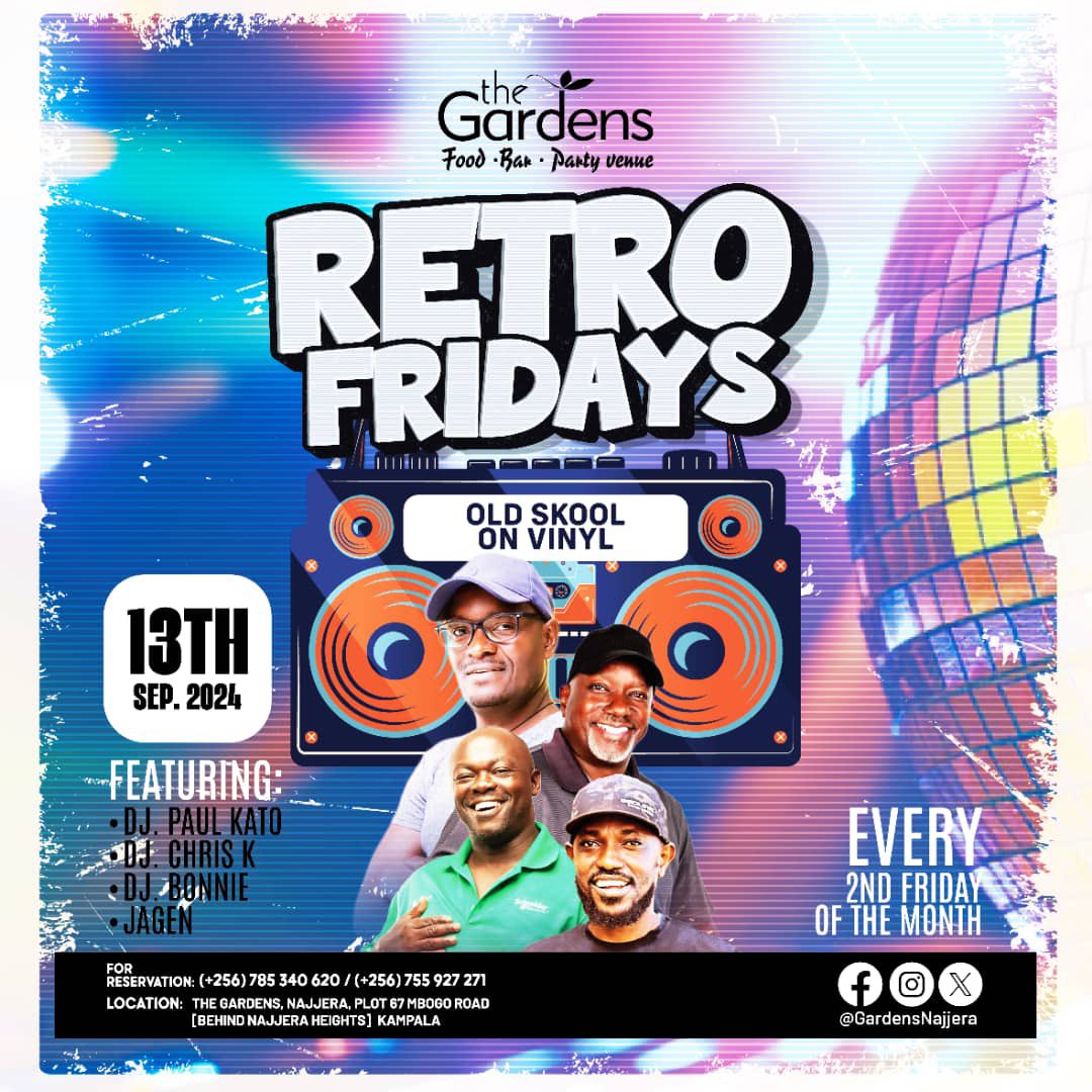 MadMudokolo's tweet photo. #RetroFriday at @GardensNajjera is going to be wicked!
There’s something about vinyl music that sounds so authentic and clean. Join us and experience a true retro vibe with the legendary DJ Kato, DJ Chris K, DJ Bonni, and yours truly!
Let go back, wayyy back, back in time. https://t.co/MQp4dpLiA0