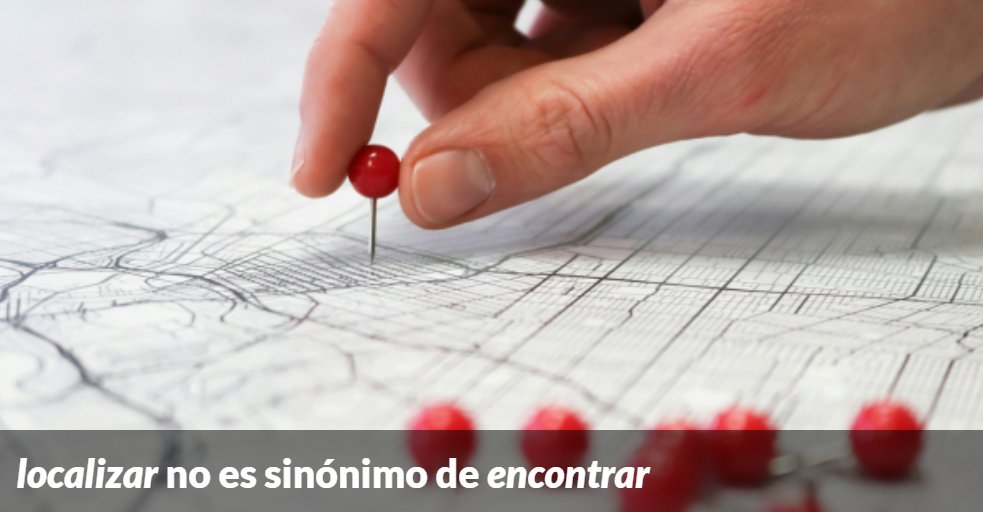 «Localizar» significa ‘averiguar el lugar en que se halla algo o alguien’ o ‘establecer el lugar de algo’, por lo que no es apropiado su uso como mero sinónimo de «encontrar», en especial si se trata de un hallazgo fortuito. #recoFundéu

fundeu.es/recomendacion/…