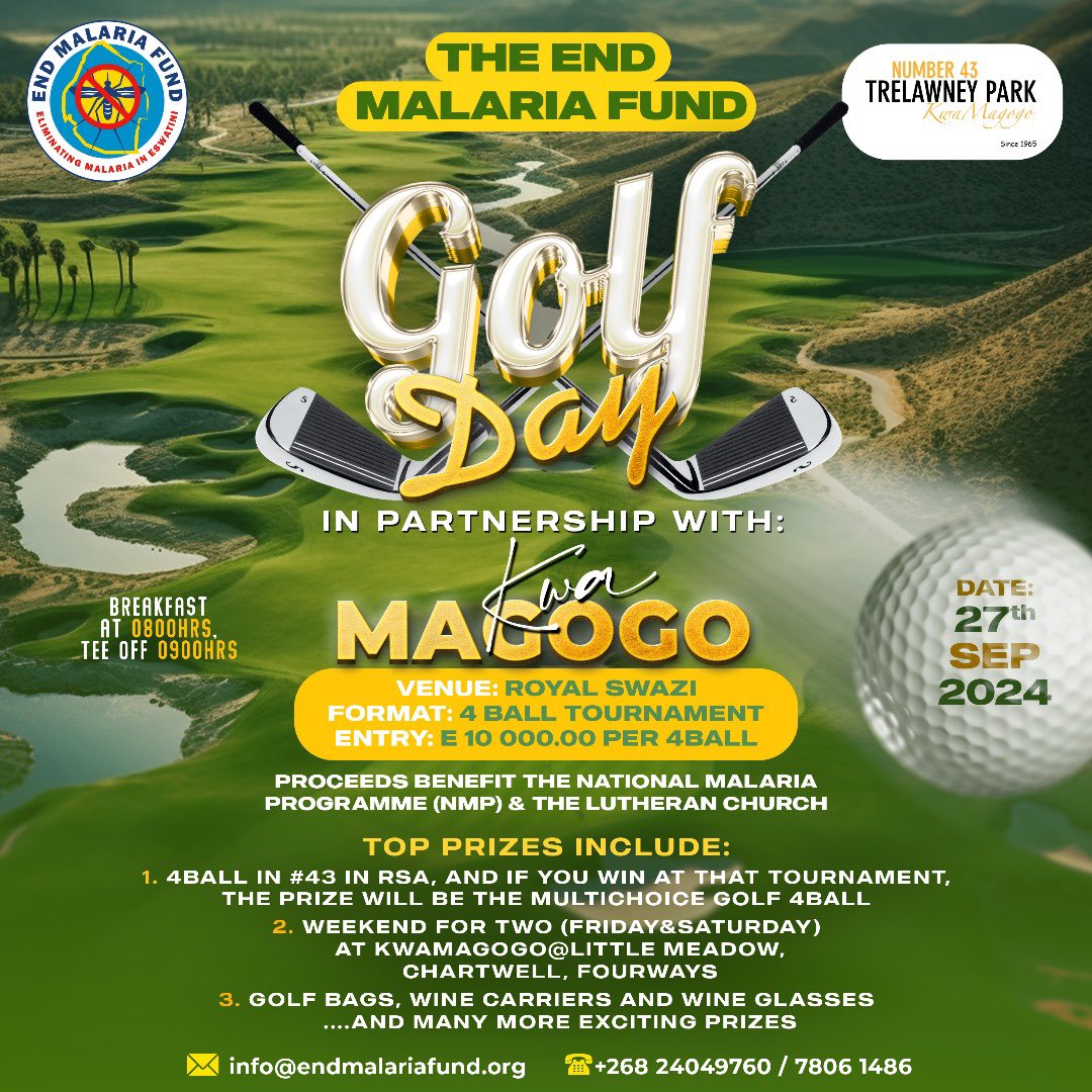 End Malaria Fund Eswatini (@fund_end) on Twitter photo The End Malaria Fund is pleased to invite you to join its 3rd annual golf tournament in partnership with <a href="/kwamagogo/">No.43 Trelawney Park</a> to be held on Friday 27th September 2024 @ the Royal Swazi. Do see the poster for further details 🏌🏿♂️🏌🏾♀️⛳️ The End Malaria Fund is pleased to invite you to join its 3rd annual golf tournament in partnership with <a href="/kwamagogo/">No.43 Trelawney Park</a> to be held on Friday 27th September 2024 @ the Royal Swazi. Do see the poster for further details 🏌🏿♂️🏌🏾♀️⛳️