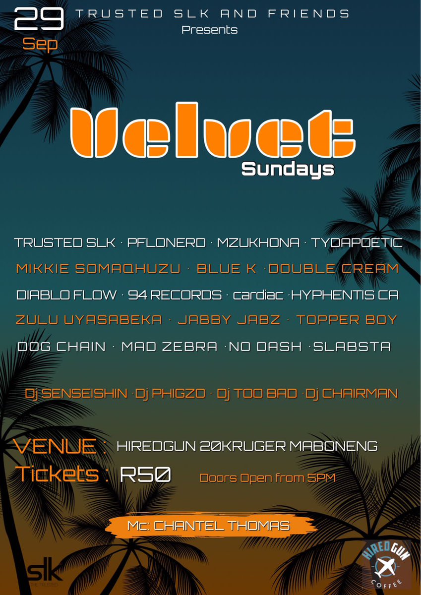 Upcoming Gig 🎤 | Catch <a href="/Slabsta/">The Big City Jam II 31.05.25 🌆🔥</a> <a href="/CardiacMusicSA/">CARDIAC</a> &amp; <a href="/DjTooBad/">👽</a> at the next Velvet Sundays event hosted by <a href="/TheTrustedSLK/">Trusted SLK</a> and friends 😎

*Check out flyer for more info