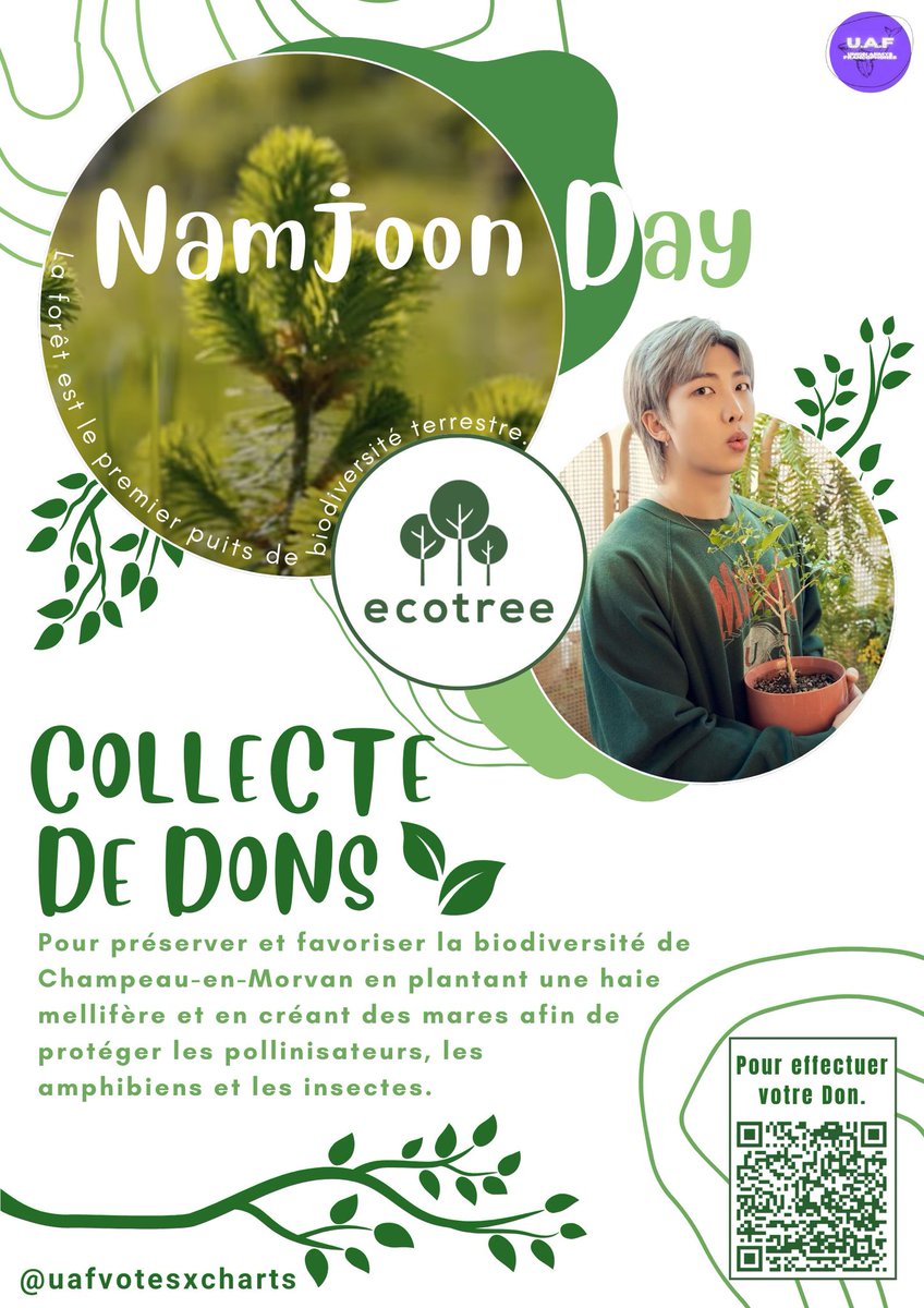 UAF (SLOW)🌬📽 (@uafvotesxcharts) on Twitter photo Célébrons le #NamjoonDay en participant à la préservation de nos forêts et la sauvegarde de la biodiversité avec l'association <a href="/EcoTree_contact/">EcoTree_France</a> !
Faites un don 💜
ecotree.green/biodiversite/p…
Remplissez le form ci-dessous après votre don ⬇️
docs.google.com/forms/d/e/1FAI… Célébrons le #NamjoonDay en participant à la préservation de nos forêts et la sauvegarde de la biodiversité avec l'association <a href="/EcoTree_contact/">EcoTree_France</a> !
Faites un don 💜
ecotree.green/biodiversite/p…
Remplissez le form ci-dessous après votre don ⬇️
docs.google.com/forms/d/e/1FAI…