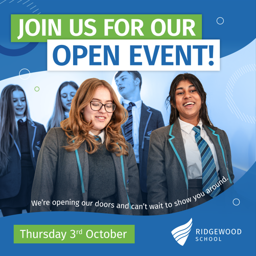 Year 6 Open Evening will take place on Thursday 3 October 2024, 4.30 - 7:30pm. The evening is a great opportunity to see what makes our students’ experience at Ridgewood so unique.

Headteacher talks will take place at 4:45, 5:15 and 5:45pm.

We hope you can join us! 🎉