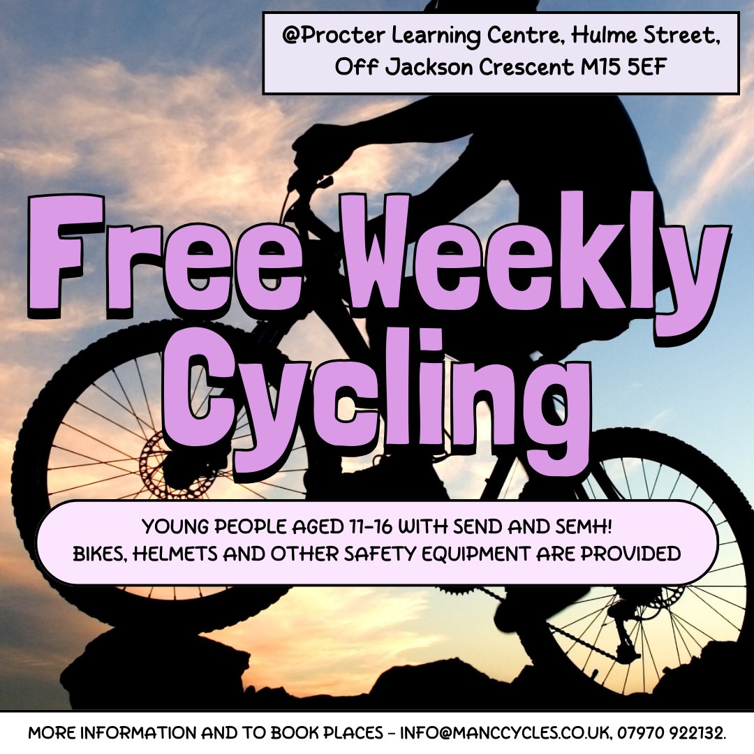 DippleDoes's tweet photo. Free cycling available for young people aged 11-16 with SEND in the Manchester City Council area. Every Saturday from 11am at the Procter Learning Centre, bikes &amp; equipment are provided. Must be competent riders &amp; will have a pre-ride.

info@manccycles.co.uk or 07970 922132. https://t.co/pArOaOK8Tr