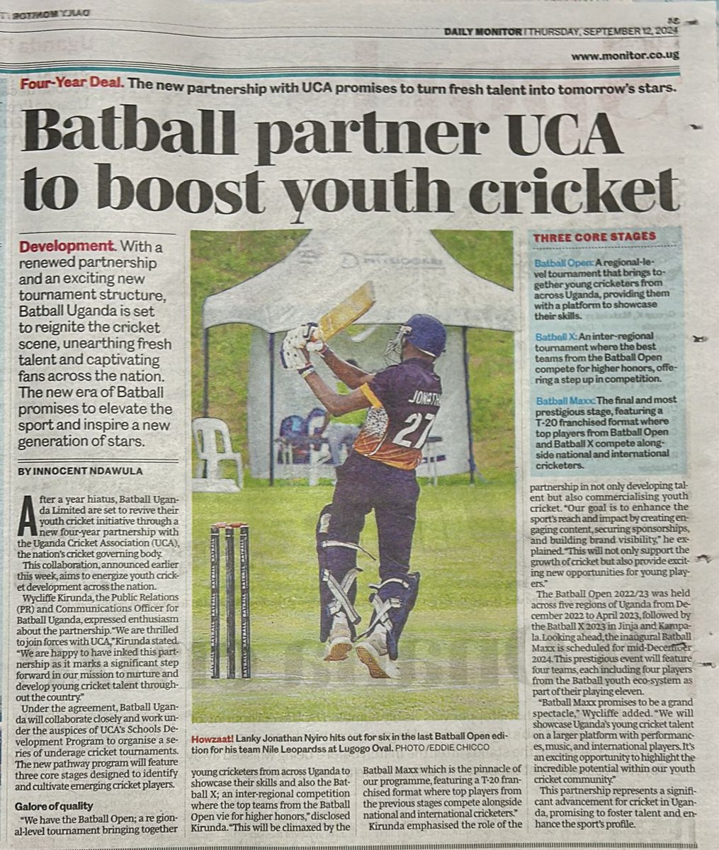 BATBALL Global 🌍 (@batballo) on Twitter photo Grab today’s <a href="/DailyMonitor/">Daily Monitor</a> for an inside look at our exciting partnership with <a href="/CricketUganda/">Uganda Cricket Association</a> || <a href="/MagicLeft11/">Innocent Ndawula</a>
#Cricket4All Grab today’s <a href="/DailyMonitor/">Daily Monitor</a> for an inside look at our exciting partnership with <a href="/CricketUganda/">Uganda Cricket Association</a> || <a href="/MagicLeft11/">Innocent Ndawula</a>
#Cricket4All