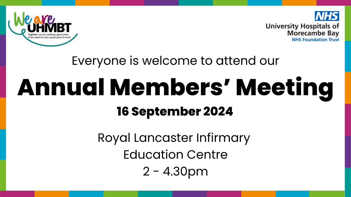 Come along to our Annual Members' Meeting on 16 September 2024 for the chance to hear more about our services, progress and achievements from our Chief Executive, Chair, and Lead Governor.  Find out more: uhmb.nhs.uk/news-and-event…