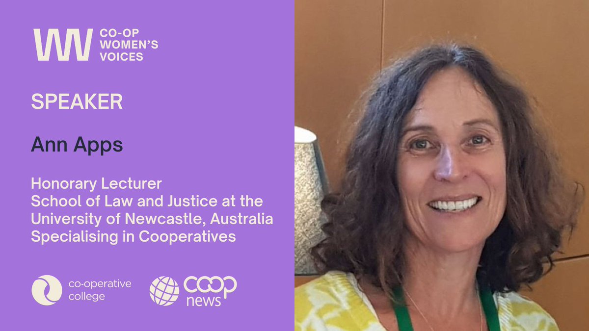 Our next Co-op Women's Voices guest is Dr Ann Apps, honorary lecturer specialising in co-operatives, at the University of Newcastle, Australia.
Join us at 10am (UK time) on Thursday 19 September.
Register for your free ticket today!  bit.ly/CWV_AnnApps
