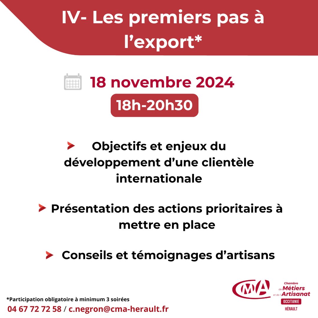 📢 Vous êtes artisan d'art et vous souhaitez vous développer ?

✨ Rejoignez le Club des Métiers d'Art de votre 
<a href="/CMA_HERAULT/">CMA34</a> et participez à 4 soirées pour développer votre activité 📈 et valoriser votre savoir-faire ! 

 📩 c.negron@cma-herault.fr 
 📞 04 67 72 72 58
