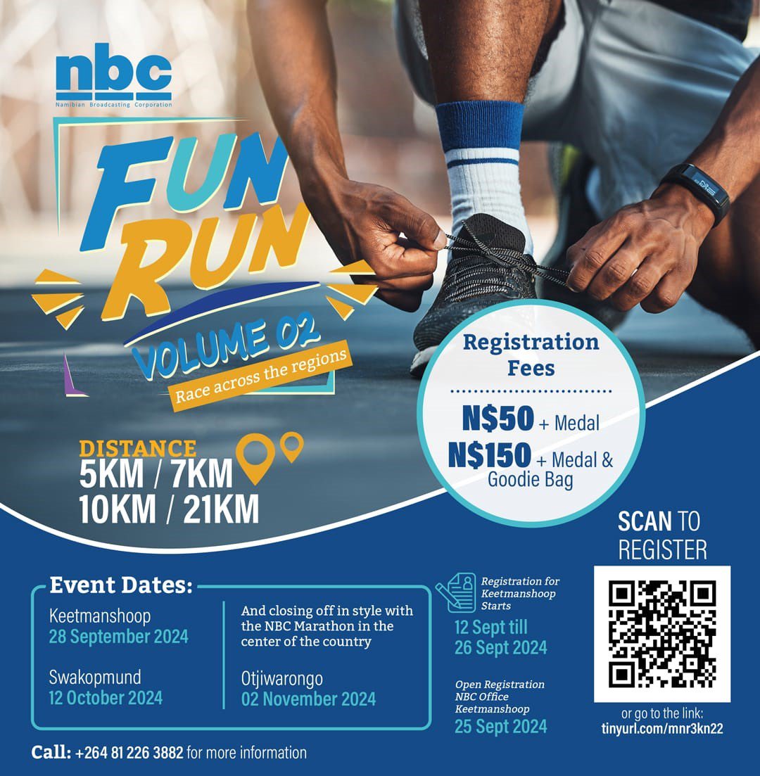 NBCNamibia's tweet photo. Get ready for the NBC Fun Run Volume 2, Race Across the Regions! 

Registration for Keetmanshoop is open to the public as from 12 - 26 September 2024.

Register now to secure your spot! 

For me information call 📞 +2642263882

Run more, Worry less! 

#NBC
#NBCsport https://t.co/sLQT42AahT