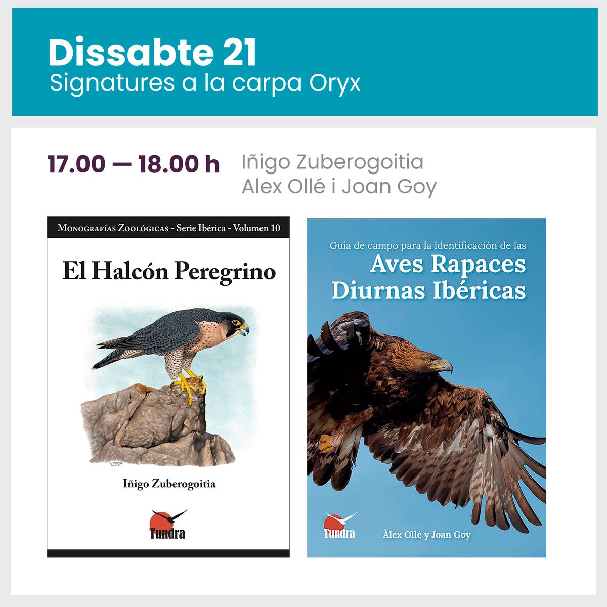 ✍️ 16.00 — 17.00 h
• Marc Guyt &amp; Nils Van Duivendijk <a href="/PrincetonNature/">Princeton Nature</a> <a href="/MarcGuyt/">Marc Guyt</a> <a href="/AgamiPhoto/">Agami Photo Agency</a> 

✍️ 17.00 — 18.00 h
• Iñigo Zuberogoitia <a href="/TundraEdiciones/">Tundra Ediciones</a> 
• Alex Ollé i Joan Goy <a href="/aolle_alex/">macrourus</a> <a href="/joanet27/">Joan Goy</a>