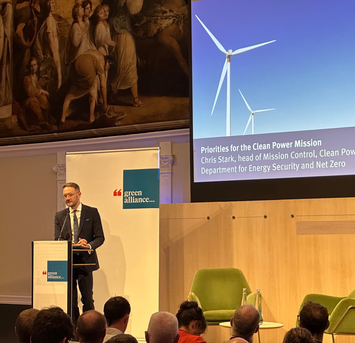 Head of Mission Control <a href="/StarkClimate/">Chris Stark</a> speaking at Green Alliance.

The fun: unsuccessfully tries to convince us he didn’t choose his title. Motivated to prove wrong the 2030 clean power doubters. “We’re not pissing around” may become the clean power mission’s mantra. #GAevent