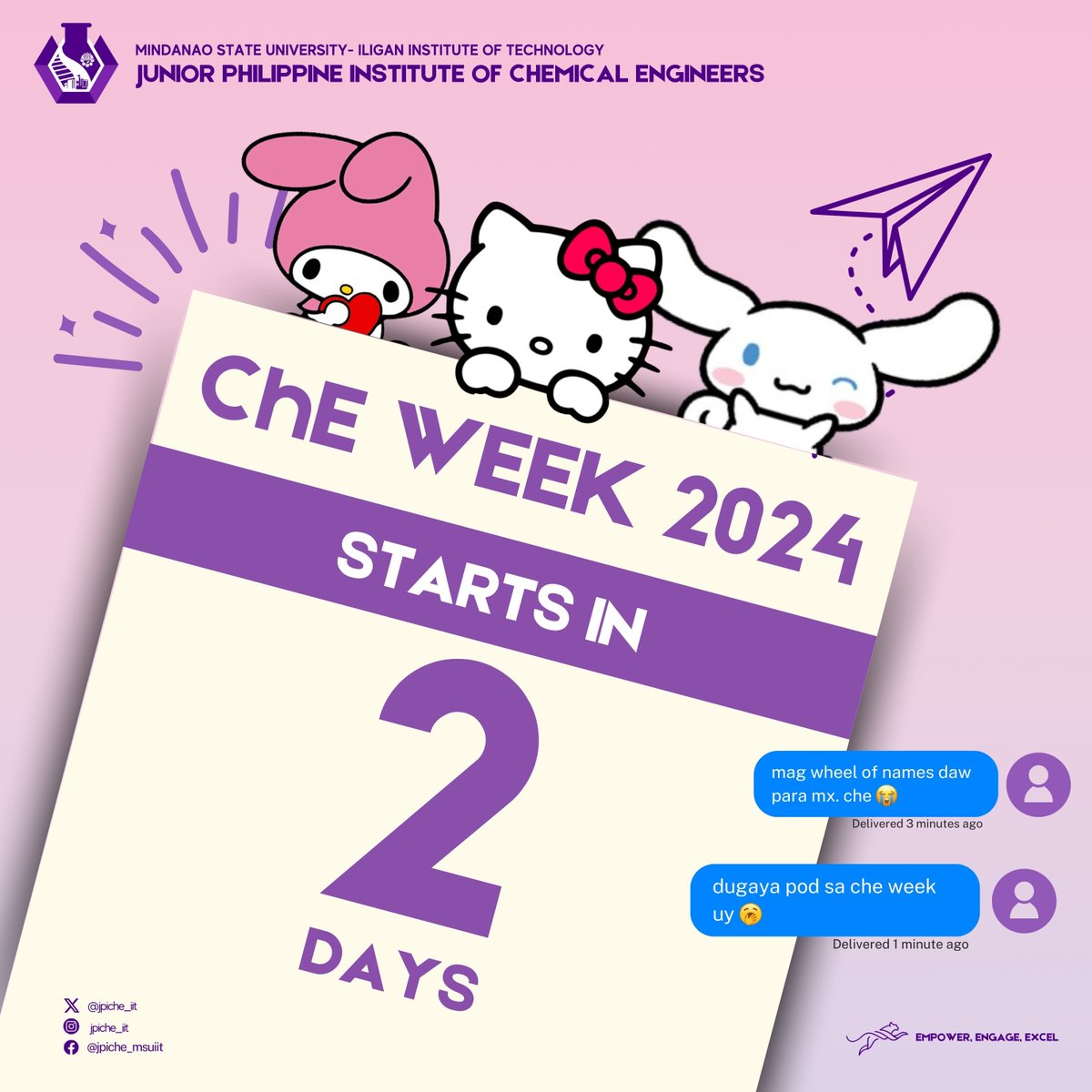 jpiche_iit's tweet photo. ✨𝟮 𝗱𝗮𝘆𝘀 𝗹𝗲𝗳𝘁 𝗯𝗲𝗳𝗼𝗿𝗲 𝗖𝗵𝗘 𝗪𝗲𝗲𝗸!✨

Get ready to dive deeper into the world of Sanrio with friendships, fun activities, and unforgettable memories ahead!

𝙏𝙝𝙚 𝙢𝙖𝙜𝙞𝙘 𝙞𝙨 𝙖𝙡𝙢𝙤𝙨𝙩 𝙩𝙝𝙚𝙧𝙚!✨

#JPIChEMSUIIT
#PURRplePanthers
#EmpowerEngageExcel https://t.co/ubusy76tB8
