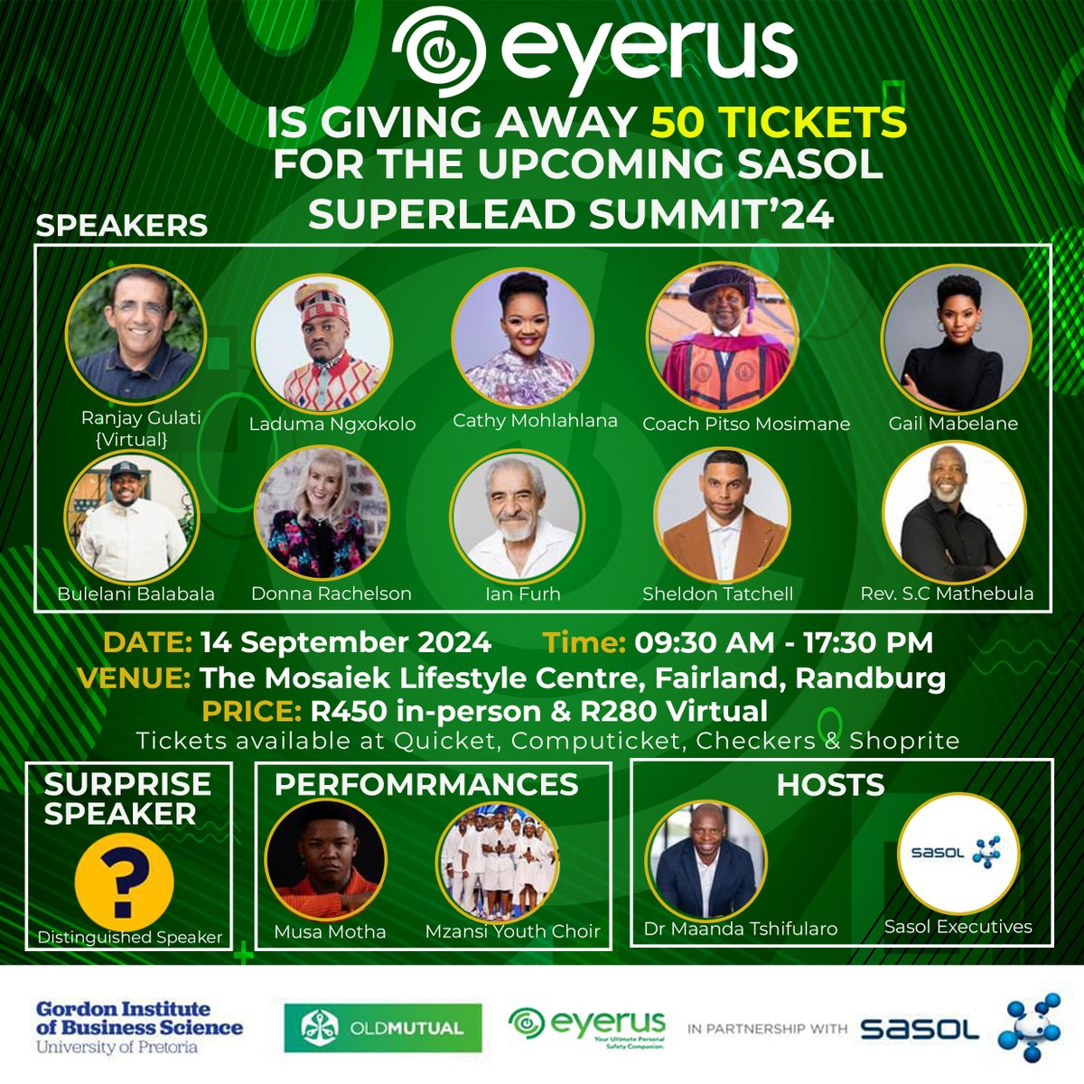 Eyerus_app's tweet photo. Eyerus is proud to sponsor the Sasol Super Lead Summit! 

Join us at this incredible event featuring thought leaders, renowned speakers and inspiring performances. We're giving away 50 FREE tickets!

To enter, like this post and comment 'I'm in!' for your chance to WIN! https://t.co/VouA1a7Plu