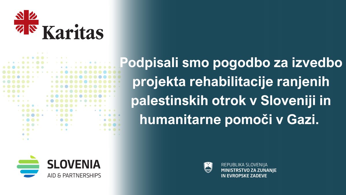 Začenja se projekt rehabilitacije ranjenih palestinskih otrok v Sloveniji 🇸🇮 in humanitarne pomoči v #Gaza.

Osem do 10 težko ranjenih otrok iz Gaze bo prispelo v 🇸🇮 na zdravstveno rehabilitacijo. Skoraj 1000 najbolj ranljivih notranje razseljenih družin bo prejelo denar za nakup