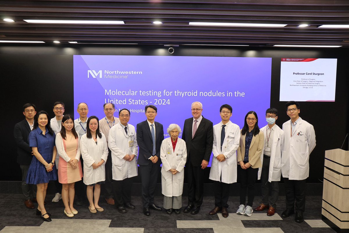 HKUSurgery's tweet photo. [Lecture by Professor Cord Sturgeon]
HKU Surgery was honoured to have Professor Cord Sturgeon, Professor of Surgery, Vice-Chair of Surgery and Section Chief of Endocrine Surgery at Northwestern University, Feinberg School of Medicine in Chicago, U.S.A. and the past president of @TheAAES, to speak on the topic “Usefulness of Molecular Testing in Indeterminate Thyroid Nodules” on 29 August 2024.

As an eminent scholar and surgeon, Professor Sturgeon has been invited give talks all around the world.  We would like to thank him for coming to Hong Kong again to share his wealth of insights with our staff members and participants! ☺️

#HKUSurgery #hkumed #endocrinesurgery
