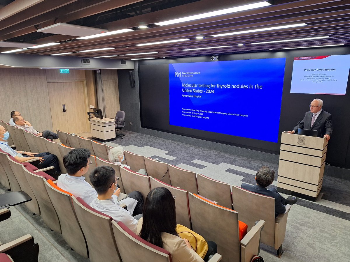 HKUSurgery's tweet photo. [Lecture by Professor Cord Sturgeon]
HKU Surgery was honoured to have Professor Cord Sturgeon, Professor of Surgery, Vice-Chair of Surgery and Section Chief of Endocrine Surgery at Northwestern University, Feinberg School of Medicine in Chicago, U.S.A. and the past president of @TheAAES, to speak on the topic “Usefulness of Molecular Testing in Indeterminate Thyroid Nodules” on 29 August 2024.

As an eminent scholar and surgeon, Professor Sturgeon has been invited give talks all around the world.  We would like to thank him for coming to Hong Kong again to share his wealth of insights with our staff members and participants! ☺️

#HKUSurgery #hkumed #endocrinesurgery