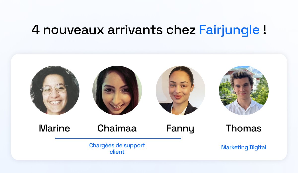 fairjungle's tweet photo. [Welcome to Fairjungle !]

Fairjungle renforce ses rangs avec 4 nouveaux employés !
Nous sommes ravis d’accueillir :

Marine, Chaimaa et Fanny et Thomas qui rejoignent l’équipe Support et Marketing de Fairjungle 🤝!

Bienvenue à vous 4 !👋 https://t.co/fLEeL3hCdS