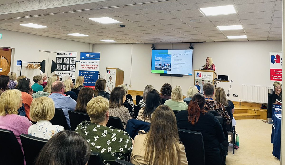 Karenbowes's tweet photo. Emily Murray from the @hospiceSAHS eloquently discussing community and bereavement services provided by the hospice team #pallcareweek @RCN_NI https://t.co/9jq0C5bWxL