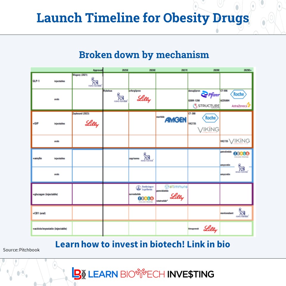 learnbiotech's tweet photo. Investors should be aware of where the competition is in development

Here's the expected launch timeline of the major late-stage #obesity drugs

$LLY &amp; $NVO can expect first competitor approval in 2026

#learnbiotechinvesting #biotech #investing #BiotechPrometheus https://t.co/j19SC8qukn