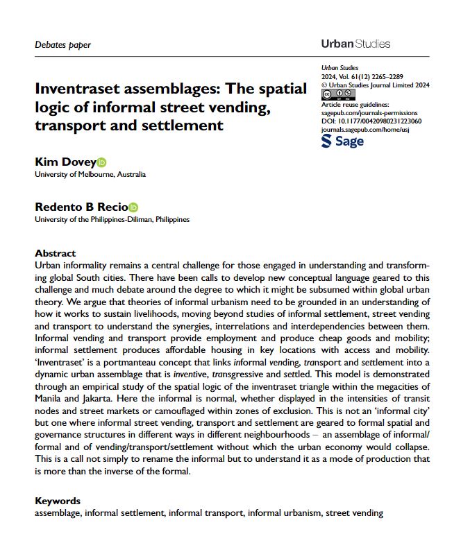 #OpenAccess debates paper by Kim Dovey and <a href="/RedenRecio/">Reden Recio</a>: Inventraset assemblages: The spatial logic of informal street vending, transport and settlement 
ow.ly/5CVv50Tl5QP 
#informality #StreetVending #transport
