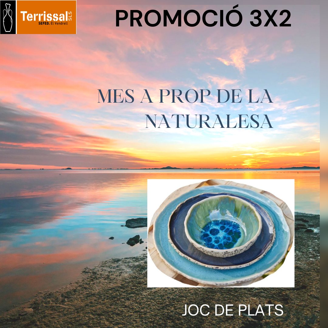 Terrissal us porta aquest nou producte
en promoció 3x2 fins al 30 de setembre.
Es tracta d'un joc de plats en tons turquesa de terrissa aptes per aliments.
No perdis l'oportunitat de gaudir d'aquest magnífic descompte!!😍
