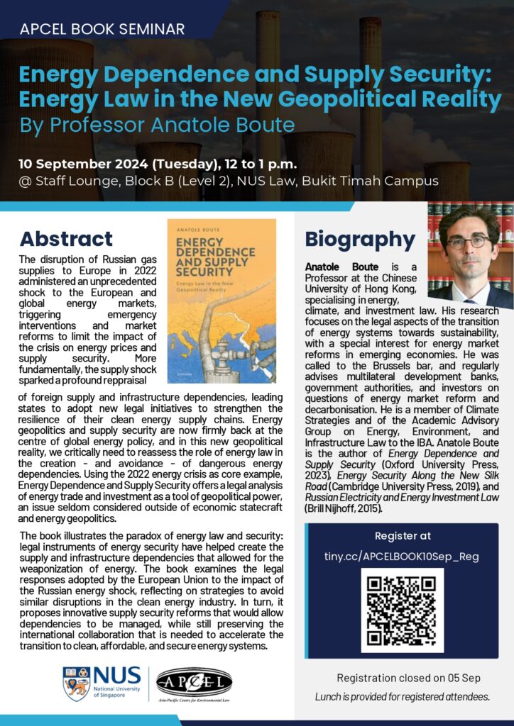 CIL_Energy's tweet photo. Nivi (#CILEnergy Team) attended the @apcelnus book seminar: "Energy Dependence &amp; Supply Security: Energy Law in the New Geopolitical Reality" by Prof. Anatole Boute, @CUHKofficial on 10 Sep 2024, where he introduced his book. His book is available here: https://t.co/2vMZgZfIJg https://t.co/hrth6VkwNM