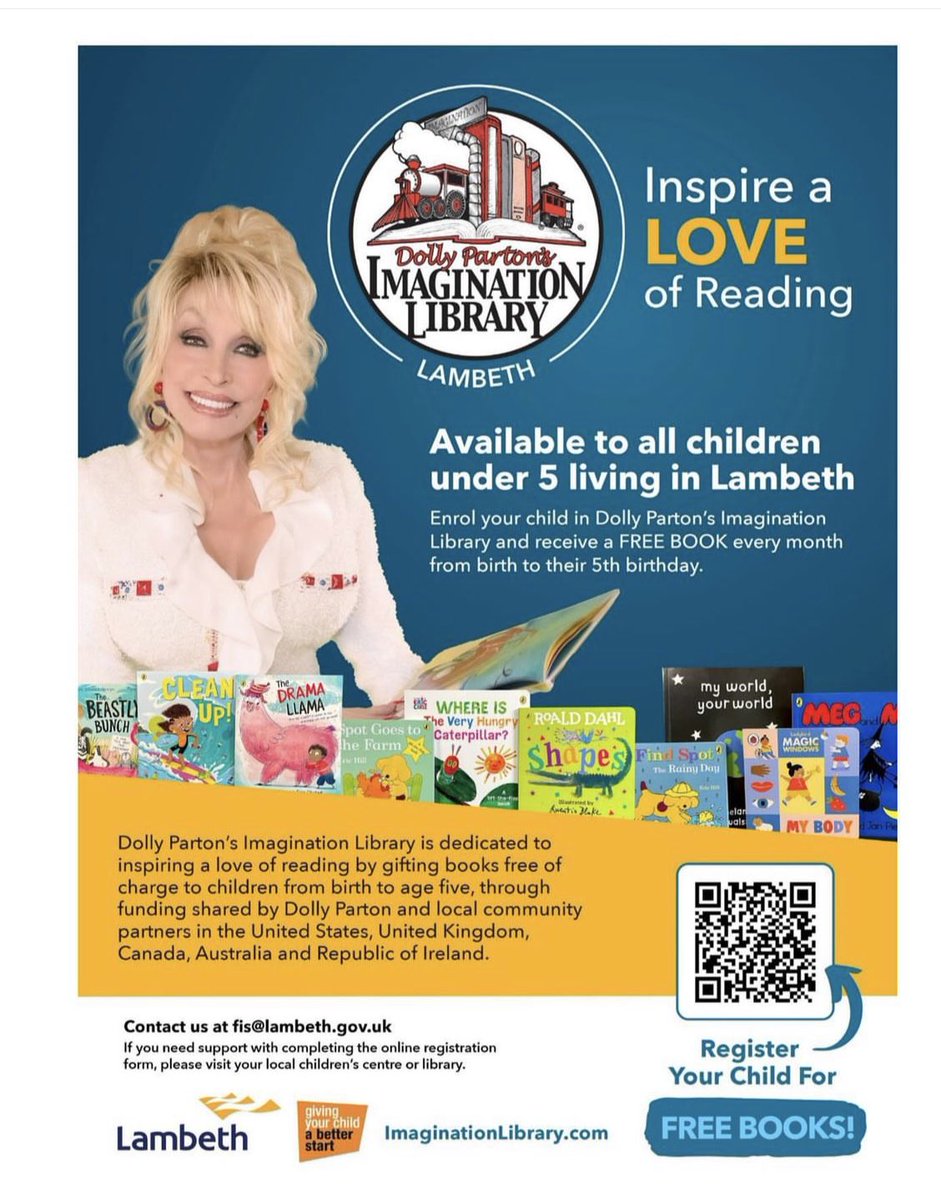 Thriving_Stock's tweet photo. 📚 Calling All Lambeth Parents with Under 5s 📚

Got a child under 5? Enrol them in Dolly Parton’s Imagination Library and receive a FREE book every month until their 5th birthday!

Need help registering? Visit your local children’s centre or email fis@lambeth.gov.uk 

#books https://t.co/fYmLtv5ZEh