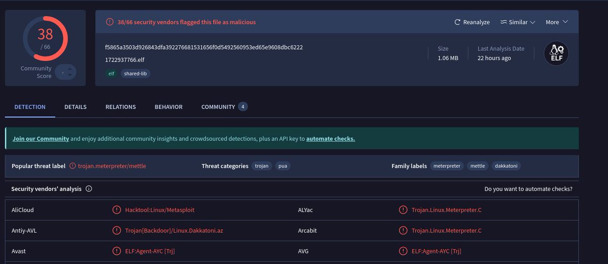 RacWatchin8872's tweet image. #Malware #Backdoor #Metasploit
💣123.60.104.67:9999💣
- 1722937766.elf - Metasploit C2: 36.138.146.107:8554
- 浙江迪艾智控科技股份有限公司-薪资表.exe - Metasploit C2: hxxp://123.60.104.67:32132/EoDd

virustotal.com/gui/file/f5865…
virustotal.com/gui/file/a33f2…