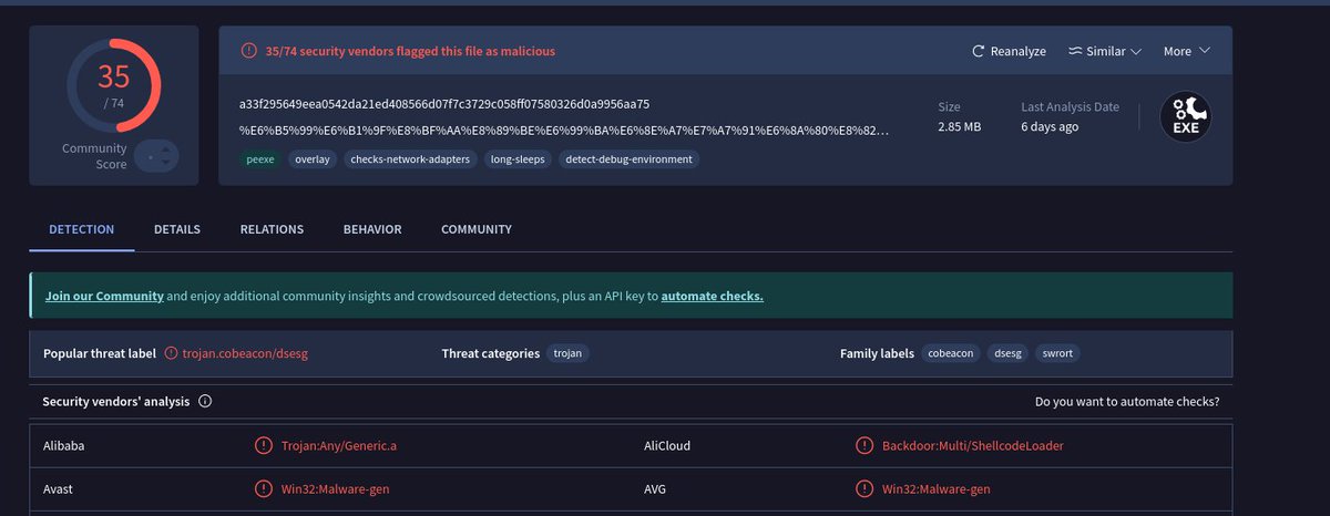 RacWatchin8872's tweet image. #Malware #Backdoor #Metasploit
💣123.60.104.67:9999💣
- 1722937766.elf - Metasploit C2: 36.138.146.107:8554
- 浙江迪艾智控科技股份有限公司-薪资表.exe - Metasploit C2: hxxp://123.60.104.67:32132/EoDd

virustotal.com/gui/file/f5865…
virustotal.com/gui/file/a33f2…