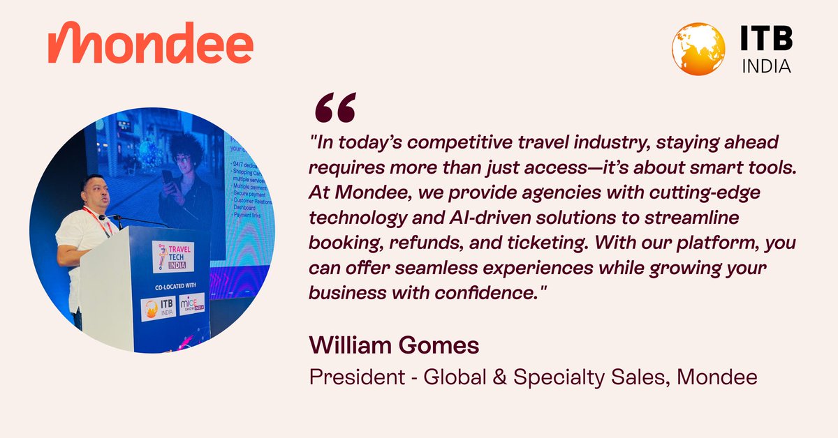 At #ITBIndia, William Gomes showcased how Mondee helps travel agencies excel with access to airfares and AI-driven solutions for efficient booking.
Stay ahead with our innovative tech!
#TravelTech #Innovation