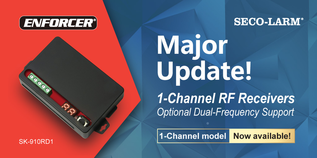 secolarm1's tweet photo. SECO-LARM announces its ENFORCER 315MHz 1-channel RF Receiver now with optional dual frequency (433.92MHz) support! 10~24 VAC/VDC, 5 relay modes, one button programming, LED display, &amp; vandal-resistant antenna. Visit https://t.co/SNszXqUsQy #SECOLARM #security #wireless #RF https://t.co/MWGhanrrST