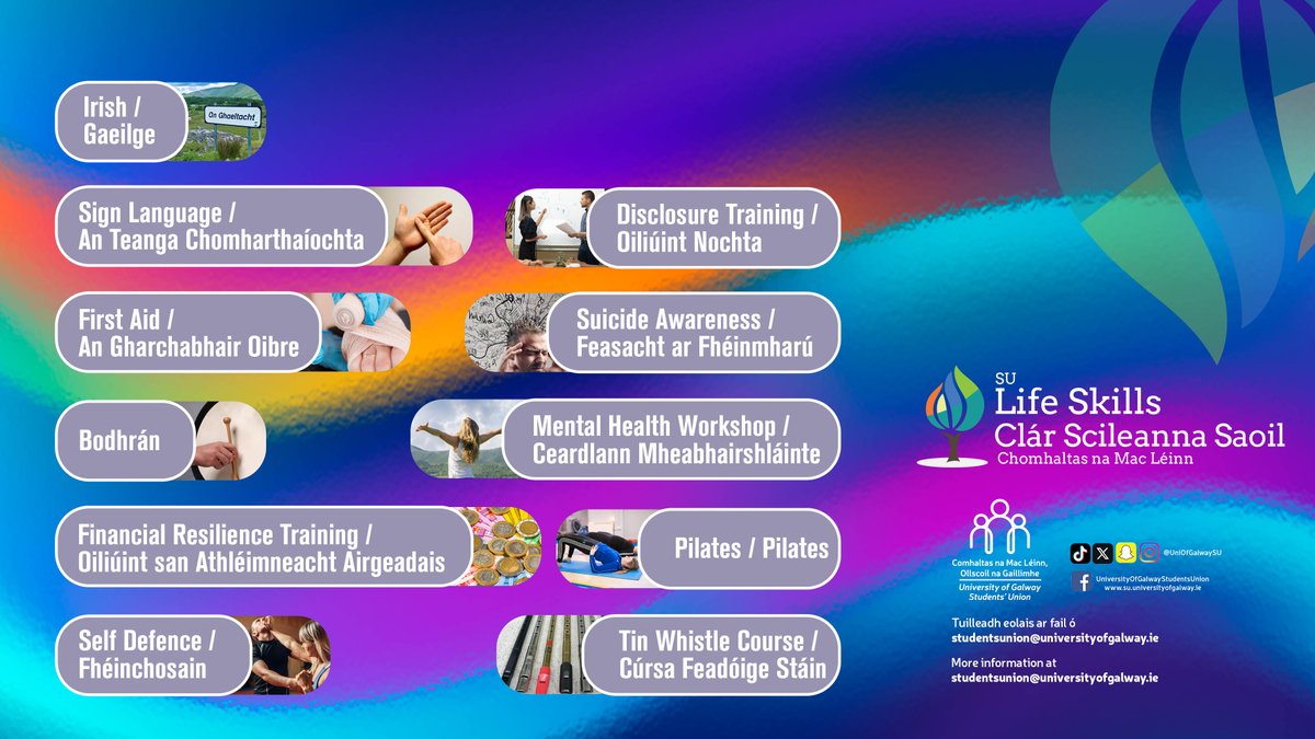 Gaeilge | Irish Language Course Update

💚Beginner In Person FULL
💚Beginner Online 15 Spaces 
💚Refreshers In Person 9 Spaces
💚Intermediate Online 14 Spaces
💚Advanced Online 20 Spaces 

🔗Info + sign up 
su.universityofgalway.ie/irish-language…

#DoChomhaltas #LifeSkills