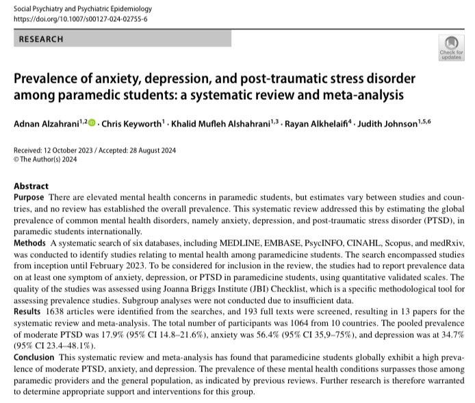 Chris Keyworth (@drchriskeyworth) on Twitter photo New systematic review from <a href="/adnan_alzahrani/">Adnan Alzahrani</a>’s PhD research.
➡️High prevalence of moderate PTSD, anxiety and depression among paramedic trainees
➡️Exceeds levels in paramedics and gen pop
➡️Suggests more targeted mental health support needed shorturl.at/fNozG <a href="/DrJTJohnson/">Judith Johnson</a> New systematic review from <a href="/adnan_alzahrani/">Adnan Alzahrani</a>’s PhD research.
➡️High prevalence of moderate PTSD, anxiety and depression among paramedic trainees
➡️Exceeds levels in paramedics and gen pop
➡️Suggests more targeted mental health support needed shorturl.at/fNozG <a href="/DrJTJohnson/">Judith Johnson</a>