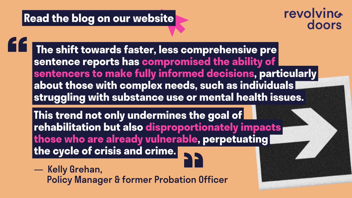Revolving Doors (@revdoors) on Twitter photo ✍️ What are pre-sentence reports? Why do they matter? And what's going wrong?
Following a concerning report from <a href="/HMIProbation/">HM Inspectorate of Probation</a> about the inadequacy of pre-sentence information provided to courts, our latest blog makes a case for high-quality PSRs to support effective sentencing. ✍️ What are pre-sentence reports? Why do they matter? And what's going wrong?
Following a concerning report from <a href="/HMIProbation/">HM Inspectorate of Probation</a> about the inadequacy of pre-sentence information provided to courts, our latest blog makes a case for high-quality PSRs to support effective sentencing.