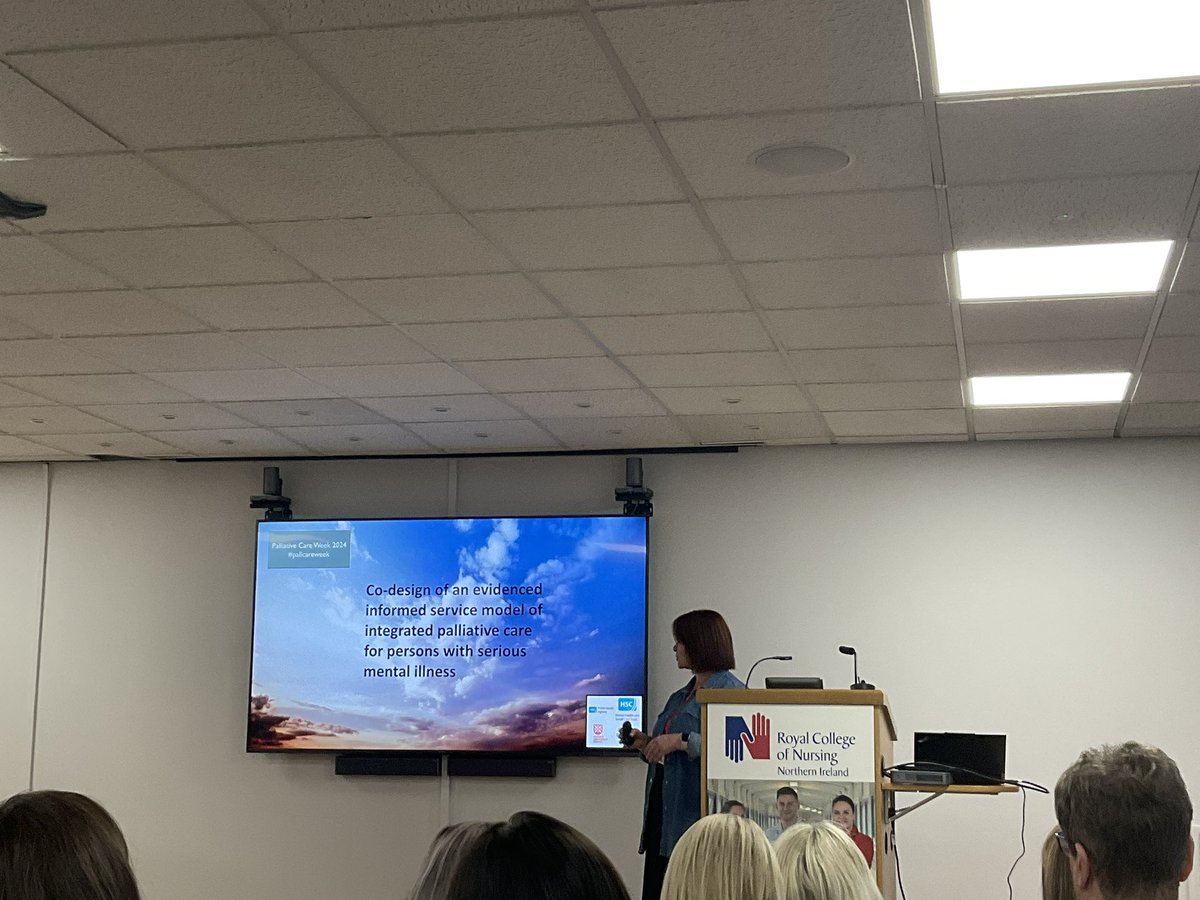 AIIHPC's tweet photo. Marianne Tinkler presenting on "Holding Kingdoms"-Co-design of an evidenced informed service model of palliative care for persons living with a serious mental illness, at @theRCN #pallcareweek event. https://t.co/QWj810Uzm2