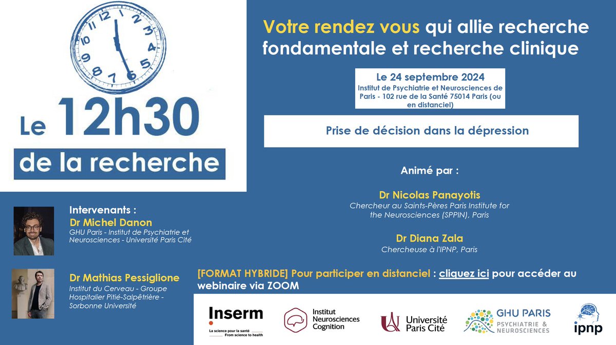 Nicolas Panayotis (@nico_panayotis) on Twitter photo Votre moment favori d’échange entre cliniciens et chercheurs sur Paris redémarre <a href="/GhuParis/">GHU Paris Psy-Neuro</a> <a href="/Insermu1266/">Inserm Paris 5 Ipnp</a> ! Nouvelle saison, nouveau format, nouveaux thèmes ! Episode du 24/09 sera en hybride: Michel Danon & Mathias Pessiglione parleront de la prise de décision dans la dépression. Votre moment favori d’échange entre cliniciens et chercheurs sur Paris redémarre <a href="/GhuParis/">GHU Paris Psy-Neuro</a> <a href="/Insermu1266/">Inserm Paris 5 Ipnp</a> ! Nouvelle saison, nouveau format, nouveaux thèmes ! Episode du 24/09 sera en hybride: Michel Danon & Mathias Pessiglione parleront de la prise de décision dans la dépression.