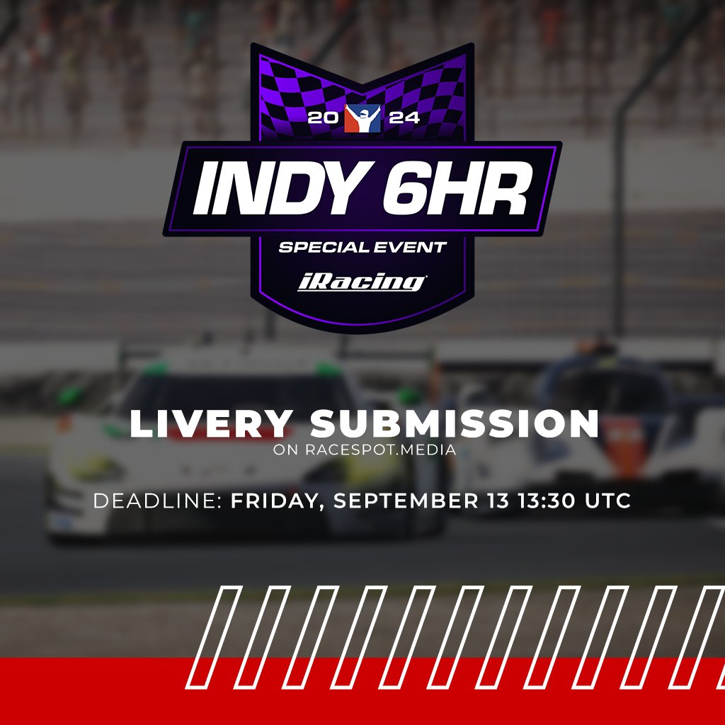 🚨 Attention all teams participating in the <a href="/iRacing/">iRacing</a> Indy6HR this weekend! 🚨

🎨 You can now submit your liveries on racespot.media 💻. Don’t forget—IMSA decals are required! 🏁

Let’s see those designs! 🏎️✨ #iRacing #Indy6HR #SimRacing