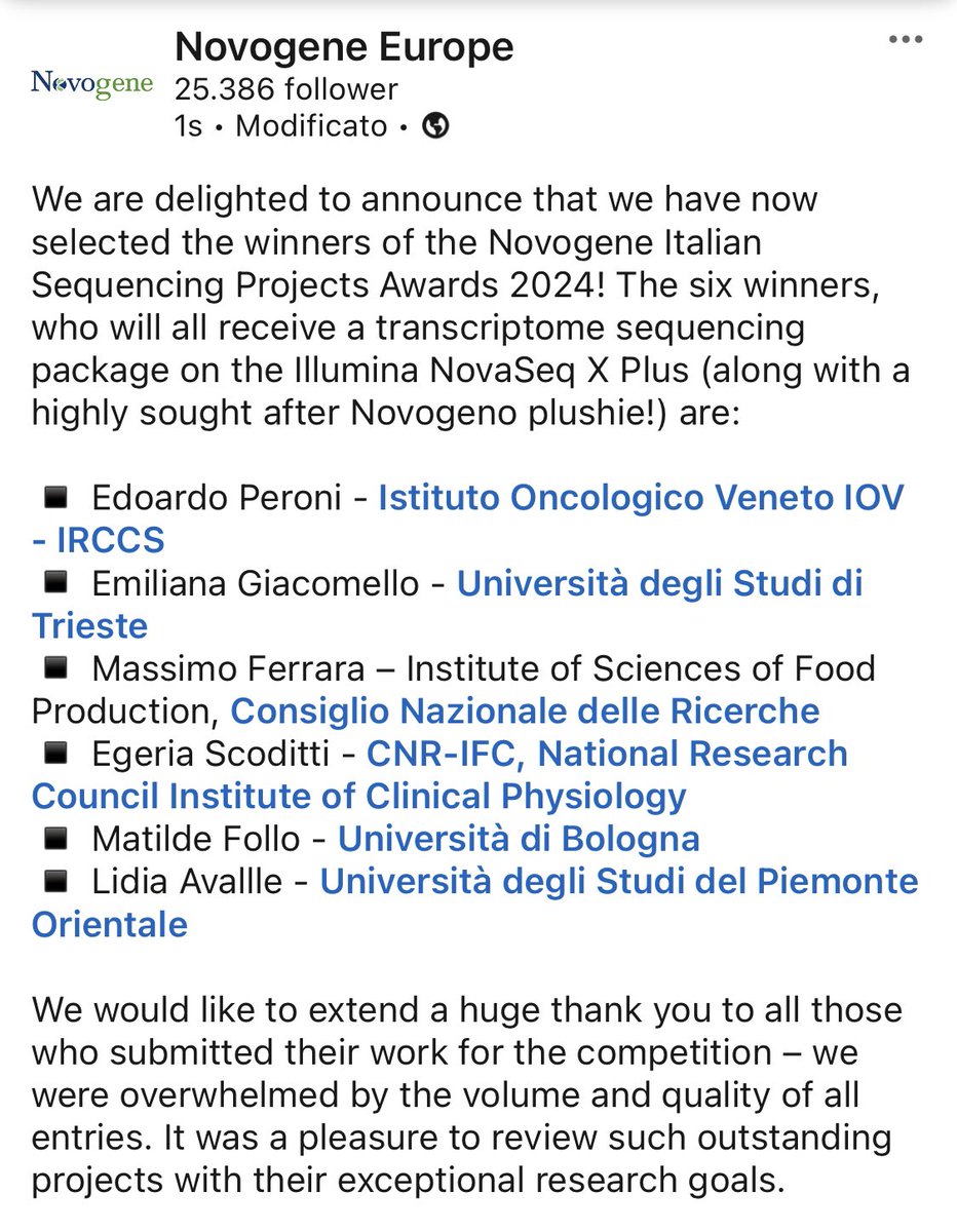 Edoardo Peroni (@edoardoperoni22) on Twitter photo Honored and proud of this #award!! Another piece in the discovery of the pathology of #Myelofibrosis!! 🧬🩸
Grateful to <a href="/Novogene_Europe/">Novogene Europe</a> and <a href="/iov_irccs/">IOV - Istituto Oncologico Veneto</a> #MPN #transciptomics Honored and proud of this #award!! Another piece in the discovery of the pathology of #Myelofibrosis!! 🧬🩸
Grateful to <a href="/Novogene_Europe/">Novogene Europe</a> and <a href="/iov_irccs/">IOV - Istituto Oncologico Veneto</a> #MPN #transciptomics