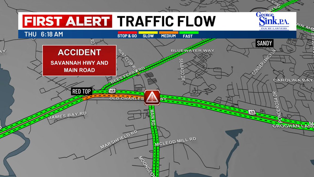Watch out for an accident on Savannah Highway at Main Road headed towards West Ashley this morning.