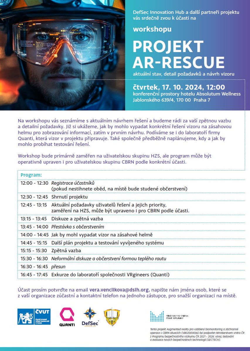 17.10. a 14.11. odpoledne budeme v Praze pořádat workshopy k našemu projektu AR-Rescue, výzkumu a vývoji technologie pro zvýšení efektivity a bezpečnosti zásahů jednotek CBRN a HZS. Srdečně zveme potenciální cílové uživatele řešení!