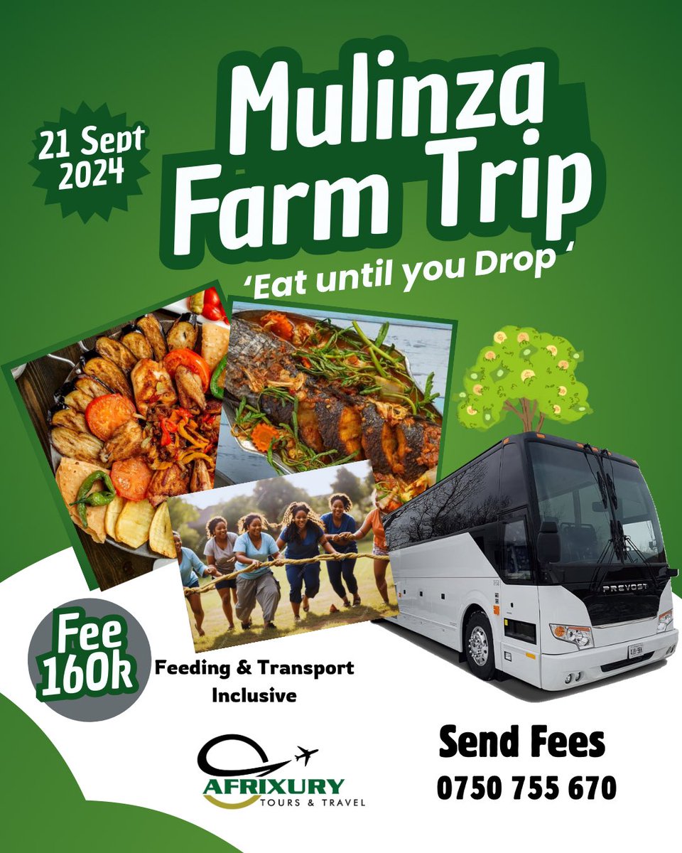 afrixury's tweet photo. 21st Sept Lets go to Mulinza Farm 😎💪🏽 
Eating Different African Meals , Lots of fun games, Swimming &amp; Music Party at just 160k Including all meals &amp; Transport 
Book with us now Contact: 0750 755 670 https://t.co/POU6Km5NMP