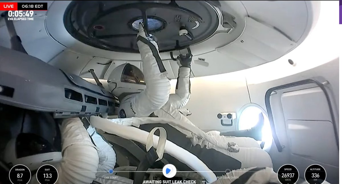 The cabin on board Polaris Dawn's Crew Dragon just started venting. The process will take around 8 minutes.

Once complete, the Jared Isaacman will venture outside to begin the first ever commercial spacewalk.

Watch LIVE here ->
skyatnightmagazine.com/news/polaris-d…