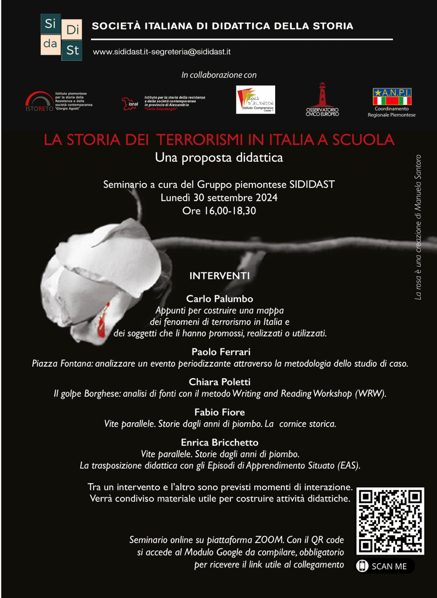 Come insegnare la storia dei terrorismi a scuola?

Ne parliamo lunedì prossimo in un webinar per docenti a cura di SISIDAST, in collaborazione con Isral, Osservatorio civico europeo, il Coordinamento regionale piemontese dell’ANPI e Istoreto

Iscriviti qui
docs.google.com/forms/d/e/1FAI…