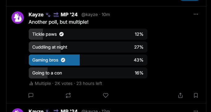 howlbyte's tweet photo. Hello there. Another preview, of the polls! Currently there's a max of 4 options per poll, with a confirm button added for multiple choice polls  (and added benefit of confirming single votes!) https://t.co/cRCHq6vO25