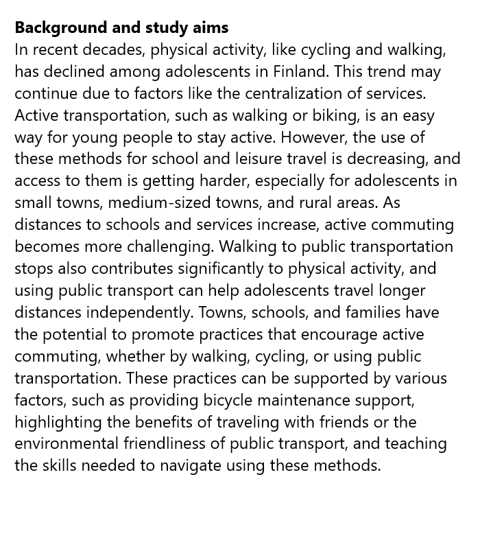 A city-wide program to encourage active and sustainable travel in young people

Read about the new study by <a href="/ArtoPesola/">Arto Pesola</a> <a href="/xamkfi/">Xamk</a> registered at #ISRCTN

isrctn.com/ISRCTN17633761