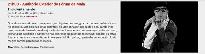 Ya es oficial el 10 y 12 de octubre Jesús Puebla Mimo participará en la XXIX edición del Festival Internacional de Teatro Cómico da Maia en nuestro querido Portugal
 🇵🇹 #jesuspueblamimo #somosartesa #artesacyl #elmimovivelaluchasigue #sinferia